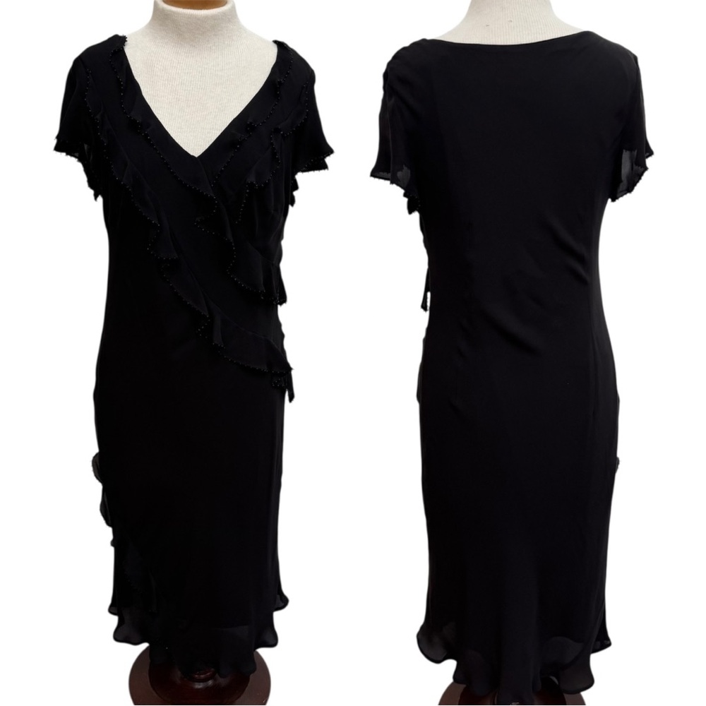 Vintage Robbie Bee Silk Ruffle Midi Dress V-Neck Beaded Size 12 Whimsigoth Eveni